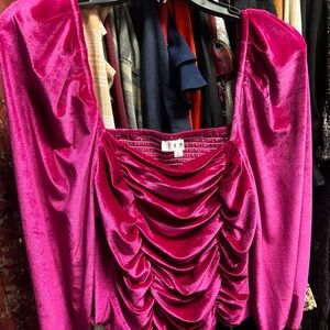Pink velvet blouse, long sleeve, ruching bodice, large, never worn, tried on!